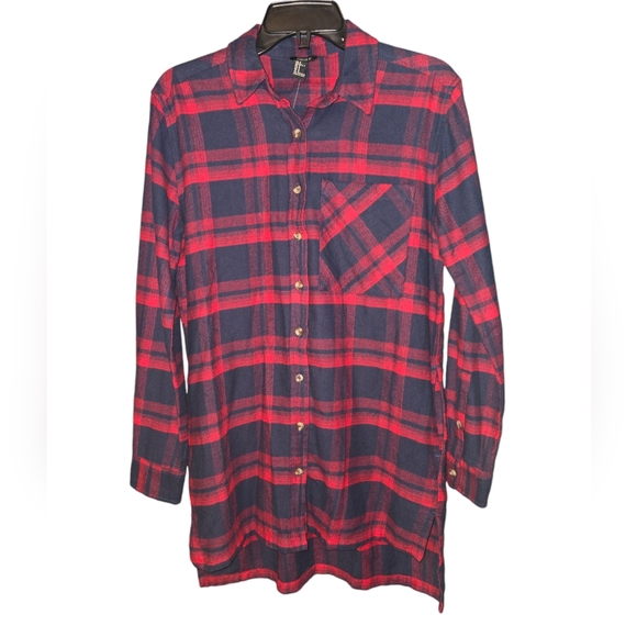 Forever 21 Navy & Red Plaid Button Down dress, Size Small - Picture 1 of 11